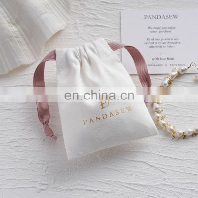 PandaSew Custom Logo Luxury Suede Drawstring Package Jewelry Bag with Pink Ribbons Jewelry Pouch