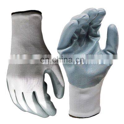 Cheap Polyester Shell Palm Coated Grey Smooth Nitrile Safety Working Gloves Manufacturer