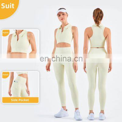 Designer Polo Ribbed Sports Bra With Front Zipper Gym Fitness Women Yoga Tank Tops