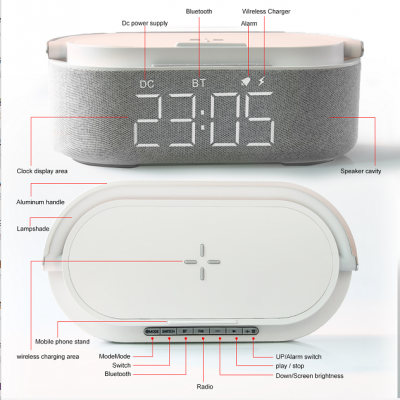 Best Seller Wireless Charger Charging With Bluetooth Speaker & Night Light Alarm Clock With Phone Holder photo-5