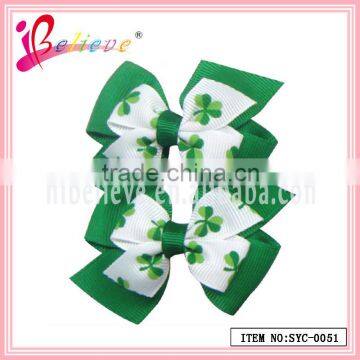 New special design Irish clover green ribbon bow handmade hair accessories (SYC-0051)