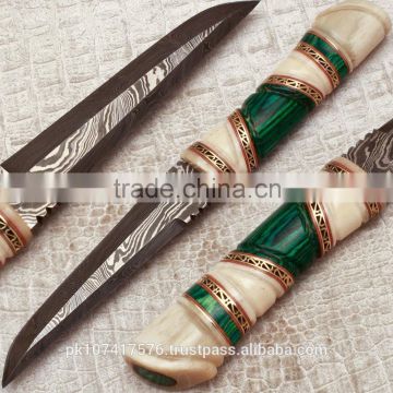 Custom handmade Damascus blade White bone handle slim double sharpness knife