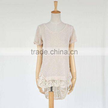 2016 Autumn Short Sleeve Pullover Lace Bottom Sweaters for Lady Supplier's Choice