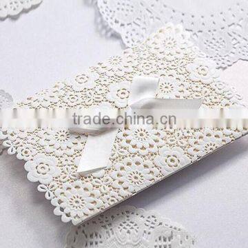 Romantic & pure white floral laser cut folded wedding invitations with bow for wedding