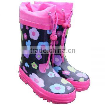 fancy flower print kids rain boots with collar,durable safe rubber boots children,OEM rain shoes