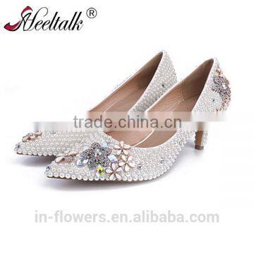 Handmade pearls and rehinestone comfortable fashion low heel shoes for wedding