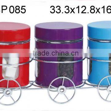 CP085B 3pcs glass jar set with metal casing and rack