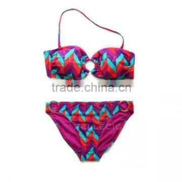 RELLECIGA Colorful Wavy Pattern Bandeau Top Bikini Set Swimwear With Goldtone Hardware Ring Decos photo-3