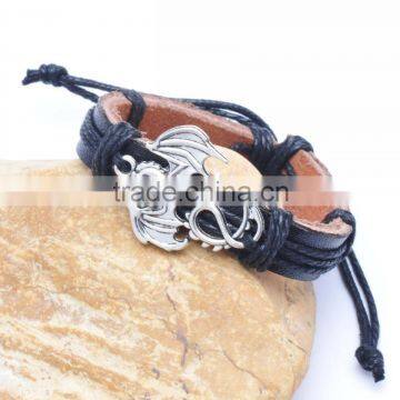 Genuine Leather Bracelet Adjustable with Sliver Plated Dragon Accessory.