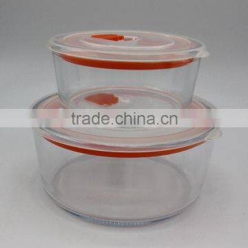 Factory price different sizes round shape with plastic lid and silicone pad clear glass food container