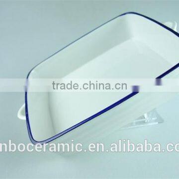White Blue Line Zakka Style Enamel Ceramic Baking Dish With Handles Rectangular Baking Dish photo-4