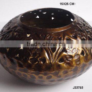 Aluminium votive with hand cut patterns in dark brass finish can be made in other finish