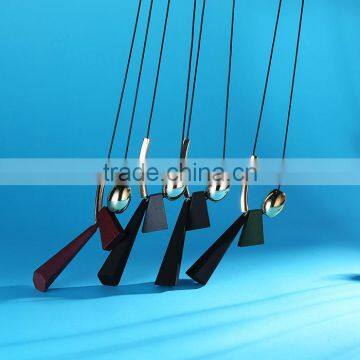 Geometric Wood Bead Pendant Necklace Gold Curved Tube Bead Black Chain Necklace Geomotric Rubber Pendant Long Sweater Necklace photo-3