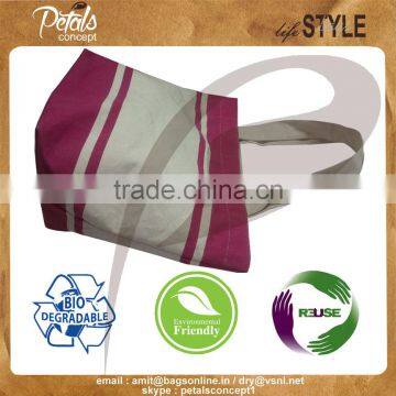 Hot Pink Stripe Print Canvas Tote Bag With Canvas Handle , Brand on Bag With PU Embossed Label photo-4