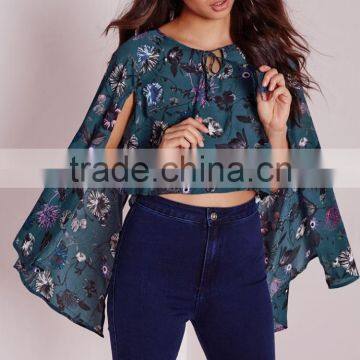 2016 Latest Fashion Design Lady Printed Cape Sleeve Tie Front Blouse photo-2