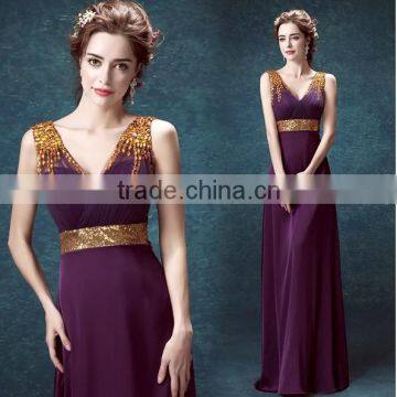 formal purple satin beaded v neck evening beach party wear dress