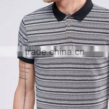 Best Sell Custom Men Short Sleeve Striped Yarn Dyed Classic Collar Polo Shirt With All Over Aztec Print Custom Logo photo-2
