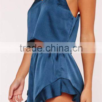 MGOO Women Cropped Cami Pyjama Set Blue Singlet Slip Top With Lace Trim Shorts Plain Pajama Set photo-4