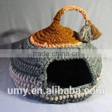 Crocheted Cat Cave Pet House Pet Bed Gray And Brown With Tassel For Playing