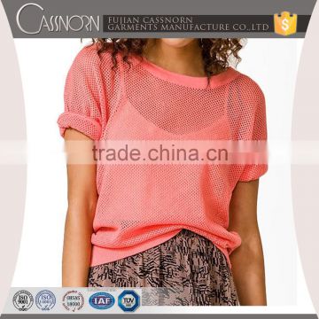 custom sexy style o neck short sleeve mesh knitted sweater for women