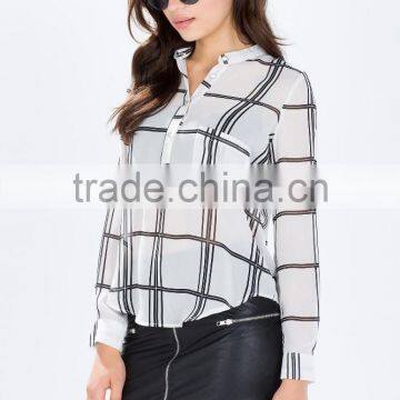 2015 New Design Sheer Chiffon Ladies Blouse Grid Print Blouses Wholesale photo-4