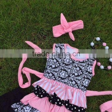 Full Stock Cute Girls Suit Kids Boutique-remake-clothing-sets Girls Ruffle Capri Sets Girls Damask Rose Necklace and Headband photo-5