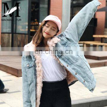 Fashion Wholesale Real Fur Lining Denim Jacket Women Lamb Fur Coat photo-4