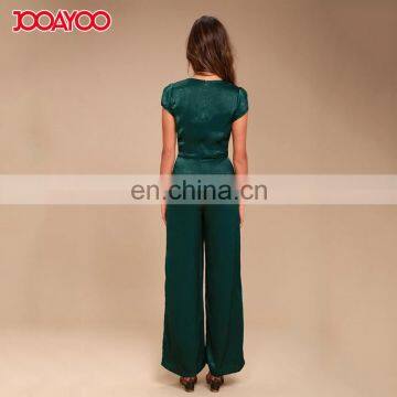Dongguan Suppliers European Style Short Sleeve Satin Wide-leg Black Long Women One Piece Jumpsuit photo-3