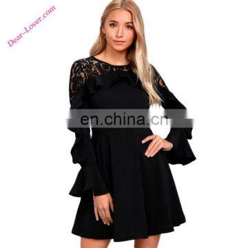 Black Long Sleeve Patchwork Sexy Mini Skater Lace Dress