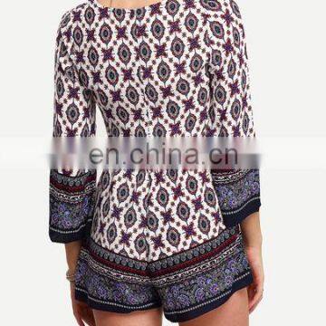 China Factory Wholesale Fashion Design Tribal Print Tassel-Tied Romper Women photo-4