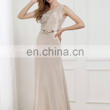 C5026 A-Line silhouette Champagne flower lace Long trail satin PU belt bridal evening dress