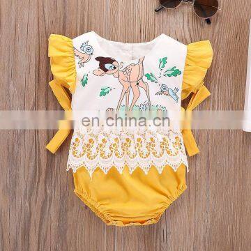 Free Ship Newborn Baby Girls Fairy Lace Yellow Romper Bow Deer Jumpsuit Sunsuit Outfit Cute Summer Clothes photo-6