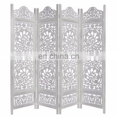 Lotus Antique White 4 Panel folding Screen 72x80 carved on both sides Handcrafted Wood Room Divider