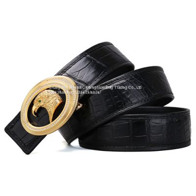 New Eagle Head Men's Belt Steel Buckle Gold Plated 18K Diamond Buckle Real Crocodile Belly Belt