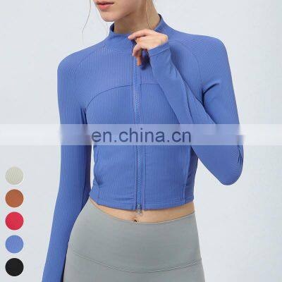 Custom Workout Wear Double Head Zipper Stand Collar Sports Coat Gym Fitness Tops Long Sleeve Ribbed Short Yoga Jacket For Women photo-3