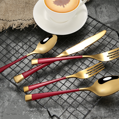 Luxury Stainless Steel Wedding Banquet Red And Gold Plated Cutlery Silverware Flatware Spoon And Fork Set