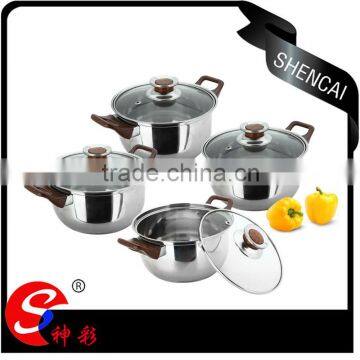 hot sale wood handle stock pot sets/ stainless steel saucepan milk pot with glass lid