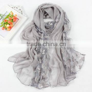 Korea Lady Fashion Flower Embroidery Double Layered Lace Chiffon Scarf photo-2