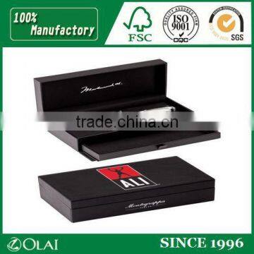 Black wooden pen box with pull-out drawer