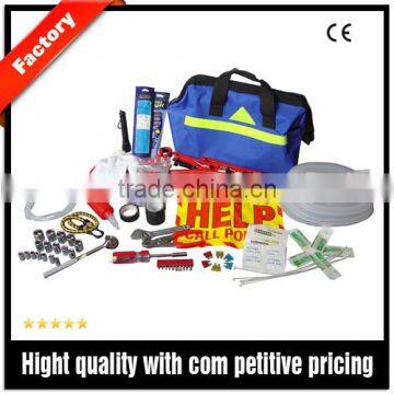 car tool kit for roadside emergency packed in heavy duty bag with reflective triangle stripe