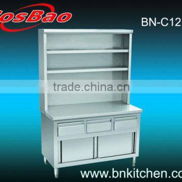 Stainless steel tea cabinet with drawers & over shelves