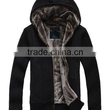 2015 hot sale Mens knitted hooded cardigan woth fleece lining