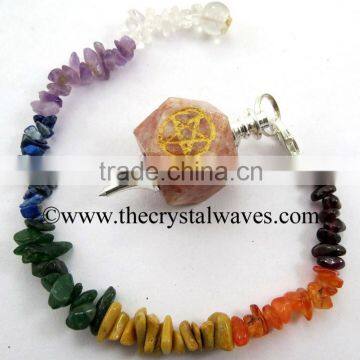 Sunstone Pentacle Engraved Hexagonal Pendulum With Chakra Chips Chain