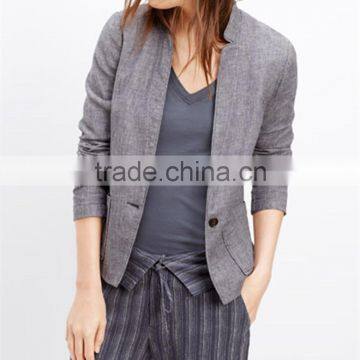 2015 Wholesale Ladies Grey Linen Cotton Blazer Jacket, Women Suiting Coat