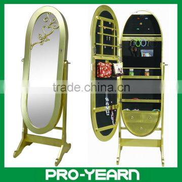 Oval Floor Standing Wooden Furniture Chinese Mirrored Jewelry Cabinet with Classic Design, LED Light inside, Applique on Mirror