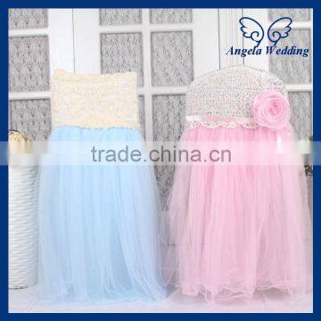 CH019F Angela Wedding New 2015 wedding rosette chiffon top decorative high back puffy tutu light blue tulle chair cover