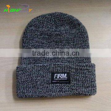 high quality brand heather grey knit slouchy beanie hat with woven label patch on cuff