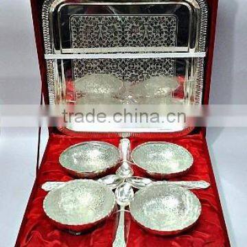 Brass Ice Cream Bowls Set With Tray Silver Plated in Velvet Box for Corporate Gifts