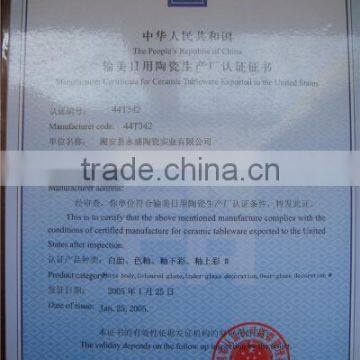 Manufacturer Certificate for Ceramic Tableware Exp