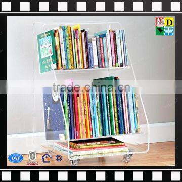 cutom top grade plexi acrylic book shelf elegant vanity acrylic book cart PMMA lucite acrylic book cart with wheels home use